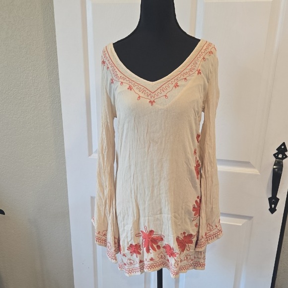 Free People Tops - Free People Cream Coral Embroidered Boho Bell Sleeve Tunic Mini Dress XS